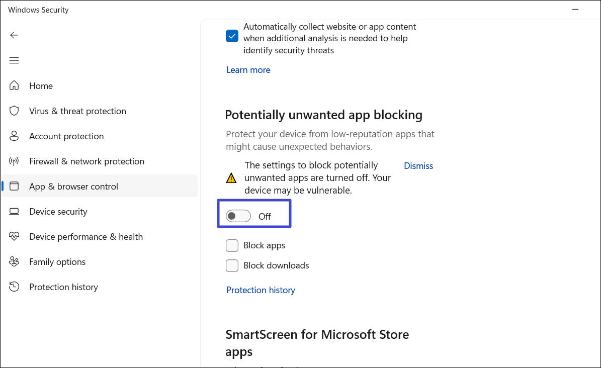 disable Potentially unwanted app blocking