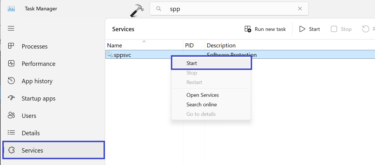 Right-click on "Sppsvs.exe" file and select start