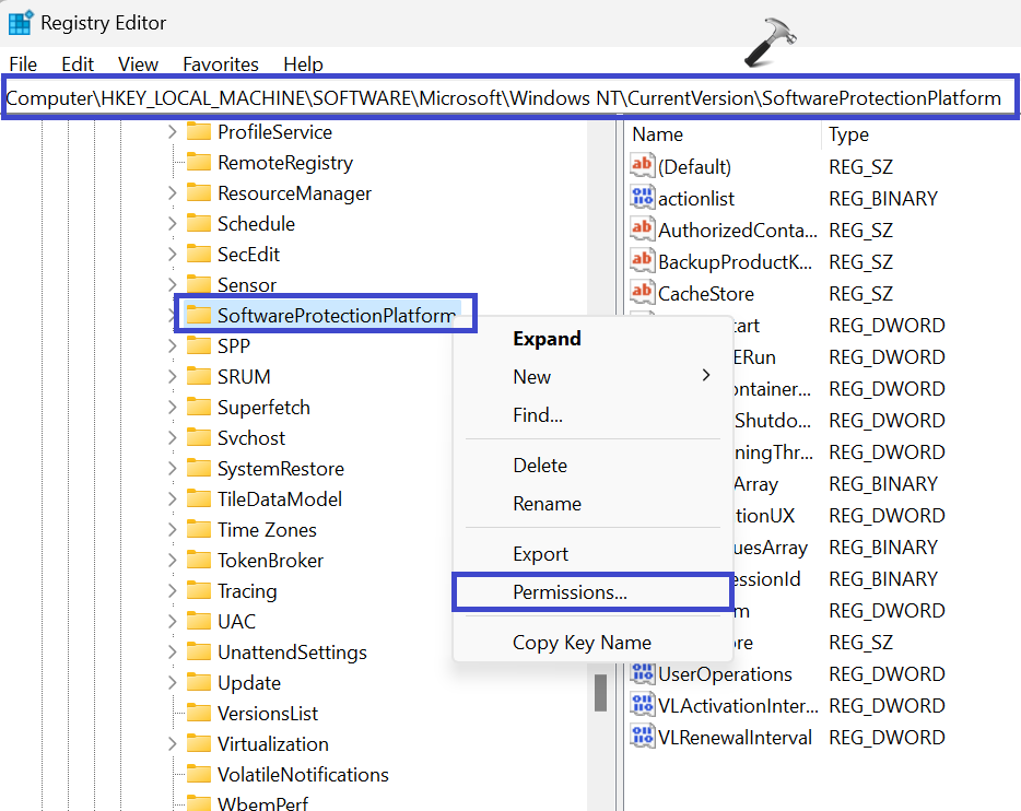 In Registry Editor, right click on SoftwareProtectionPlatform and select Permission