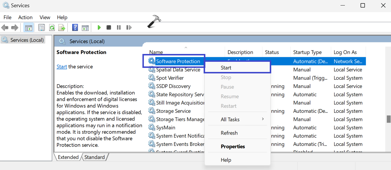 Right click on "System Protection" service and select start