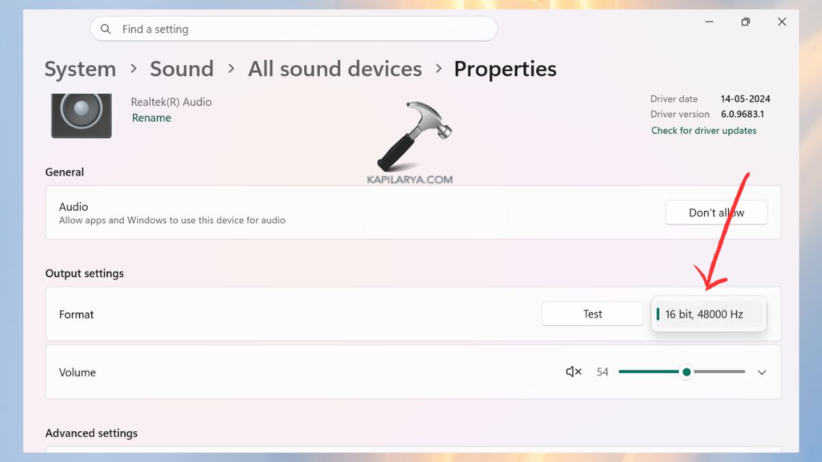 Sound Output Settings Format to fix Laptop sound not working in Windows 11