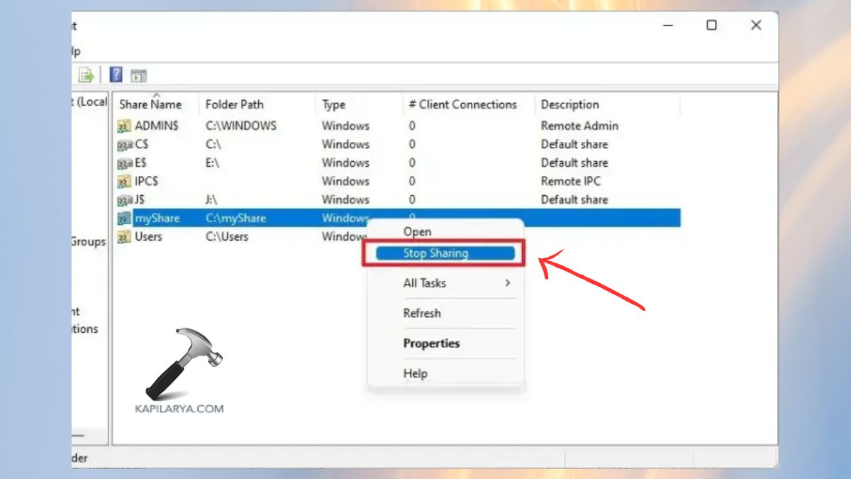 Stop Sharing a folder Using Computer Management