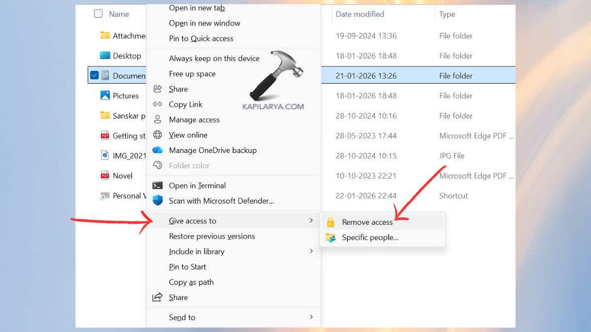 Stop Sharing a folder by Remove Access File explorer