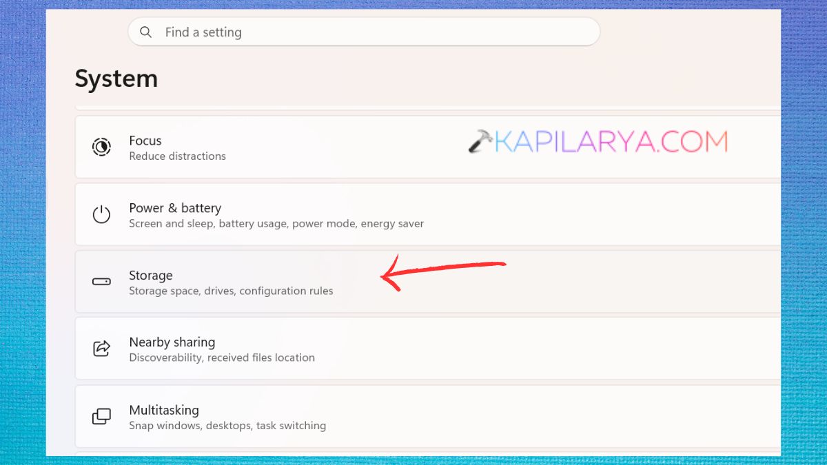 Storage in System settings