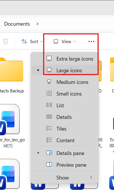 Switch to Large or Extra Large Icons: Thumbnails not showing in Windows 11