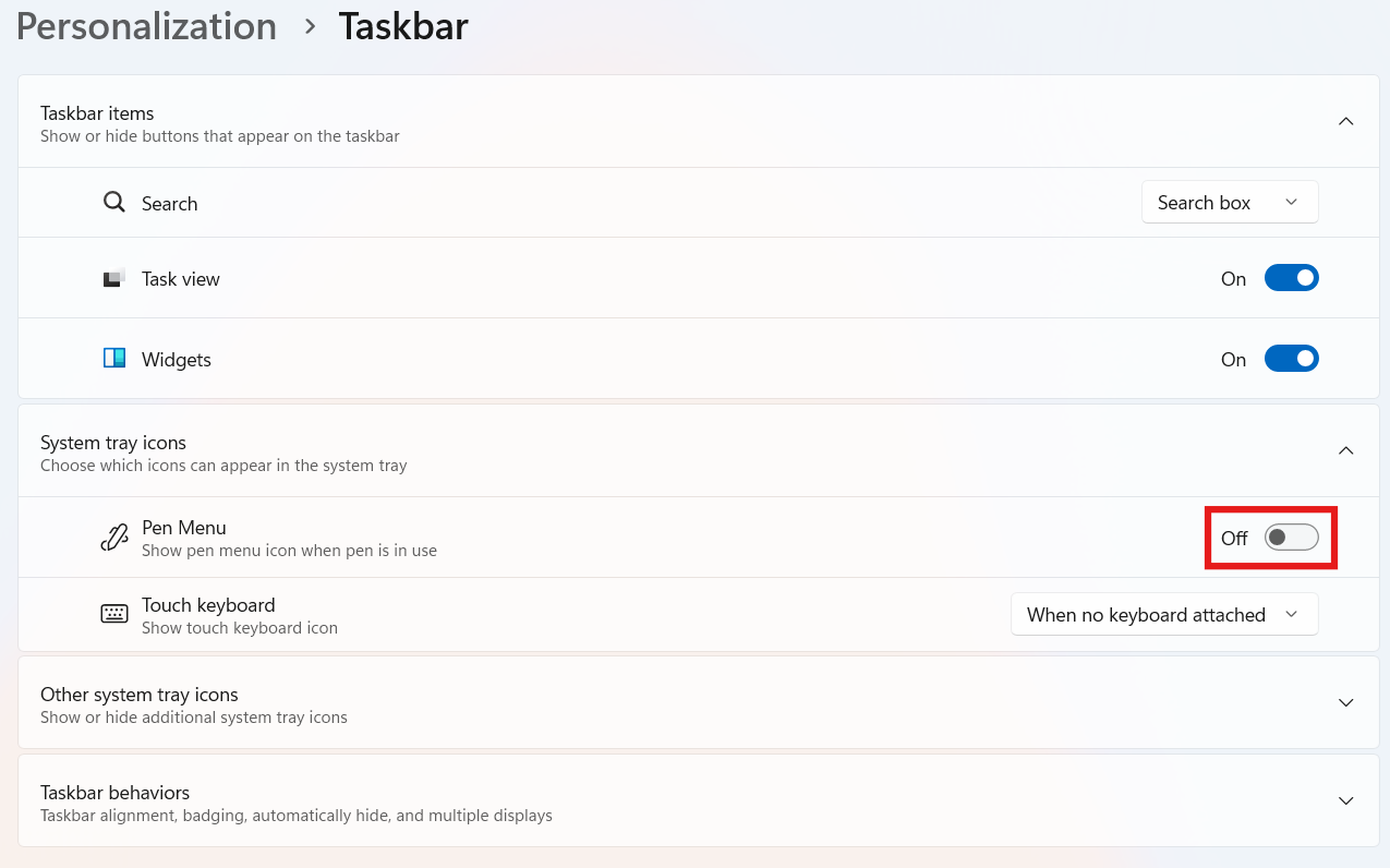 Taskbar settings: disable Windows Ink Workspace