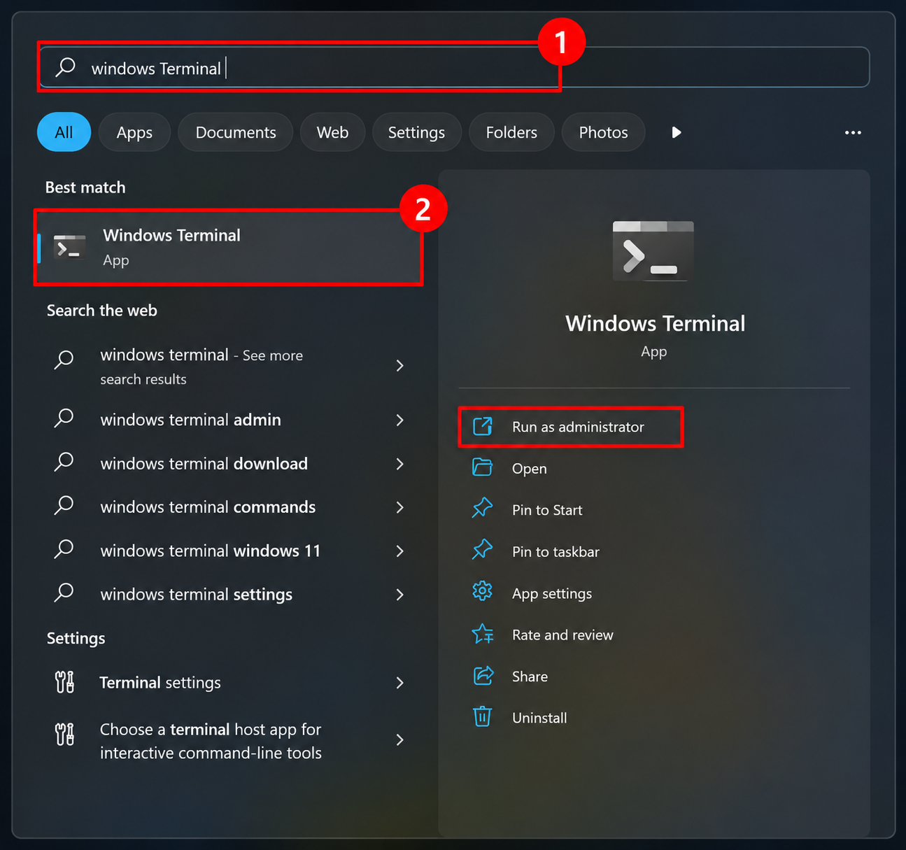 Open terminal in Windows 11