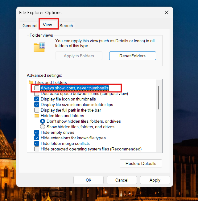 Turn Off Always Show Icons: Thumbnails not showing in Windows 11