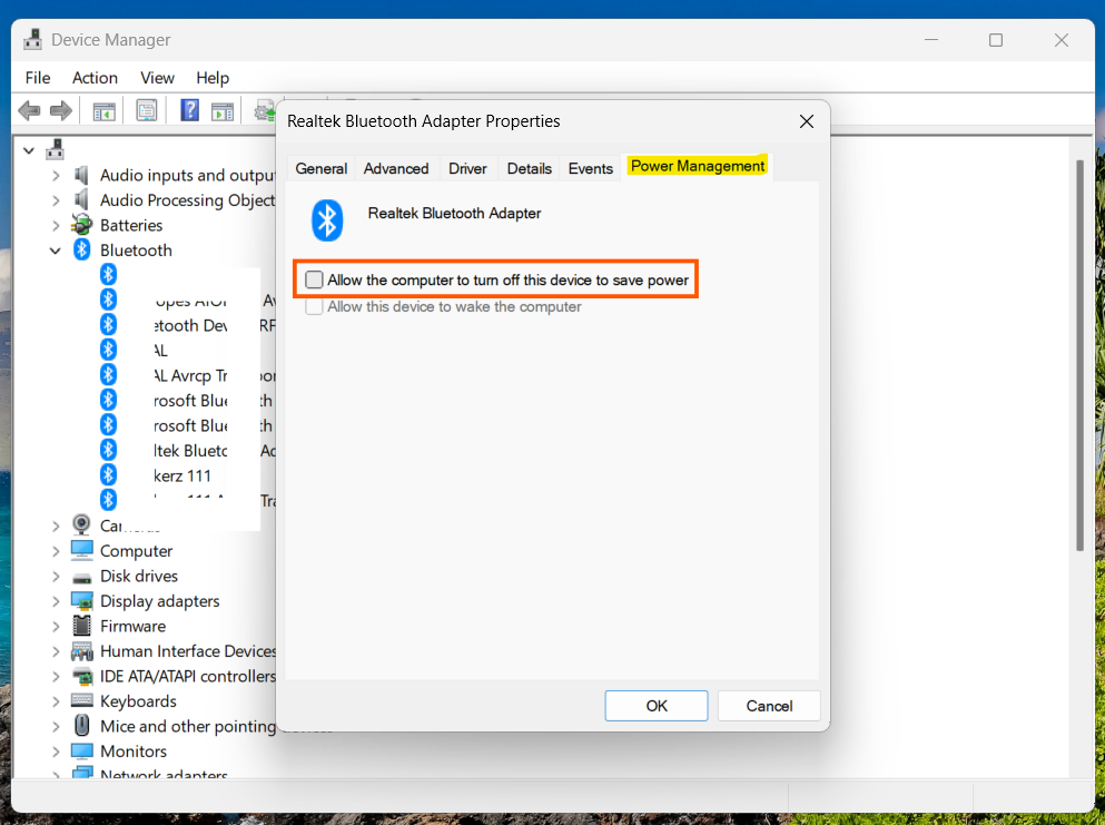 Turn Off Power Saving for Bluetooth: Bluetooth problems in Windows 11