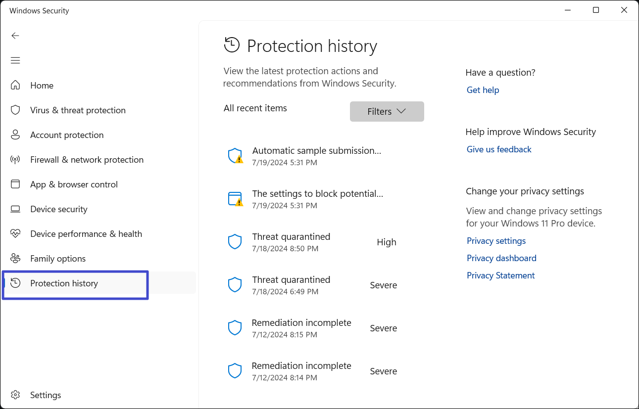 Check Protection history