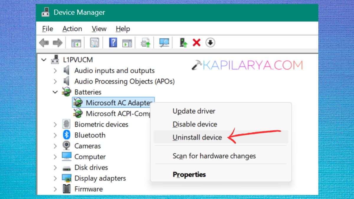 Uninstall device Batteries Microsoft AC Adapter Fix Windows 11 Laptop Plugged In Not Charging