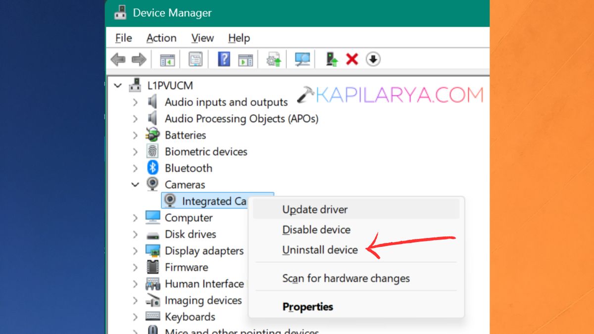 Uninstall device camera from Device Manager