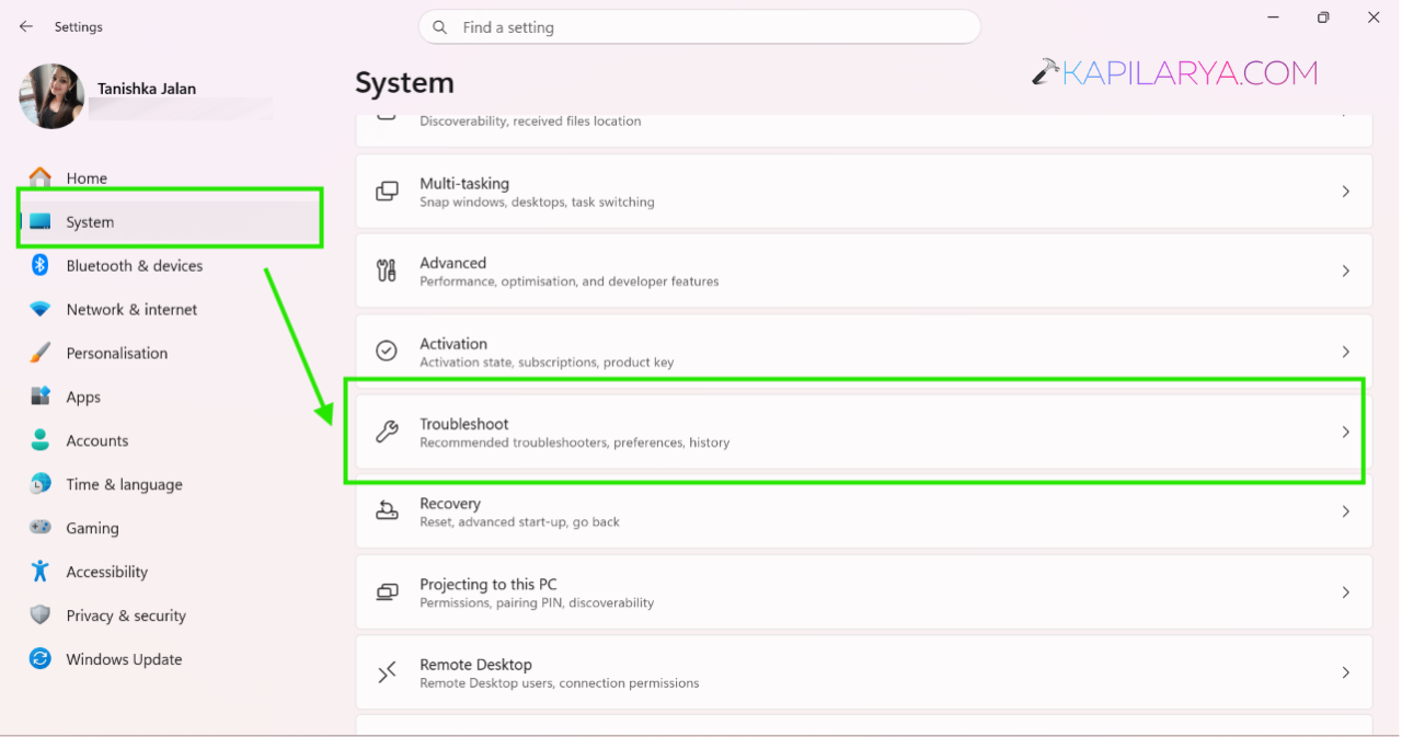 System > Troubleshoot >