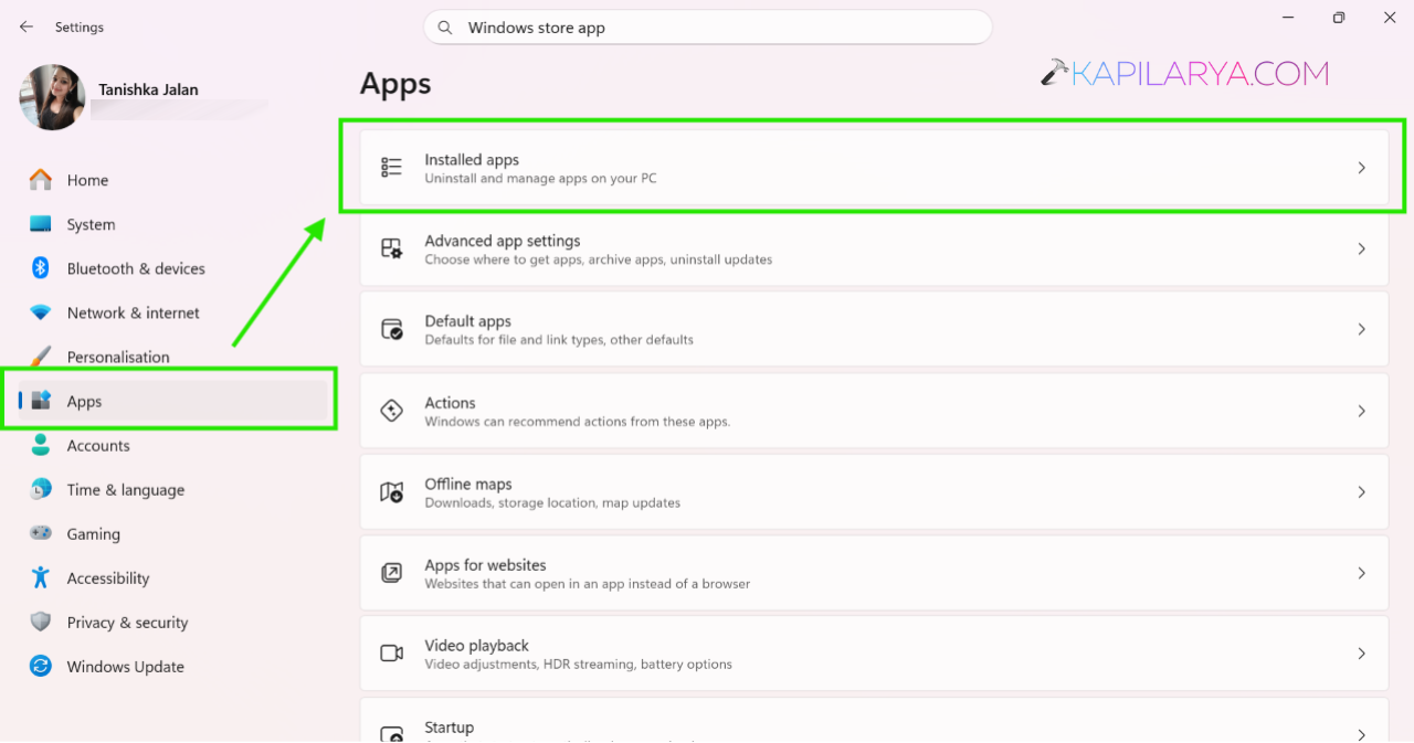 Apps > Installed apps