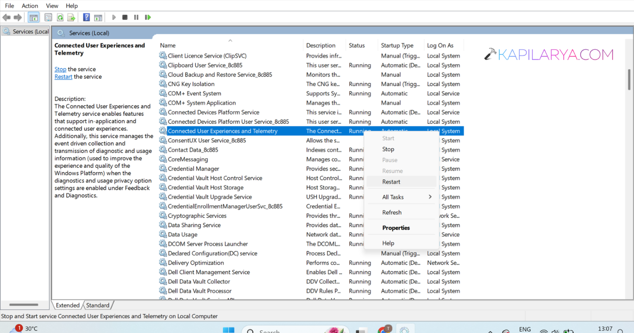 Find Connected User Experiences and Telemetry. Right-click it and select Restart.