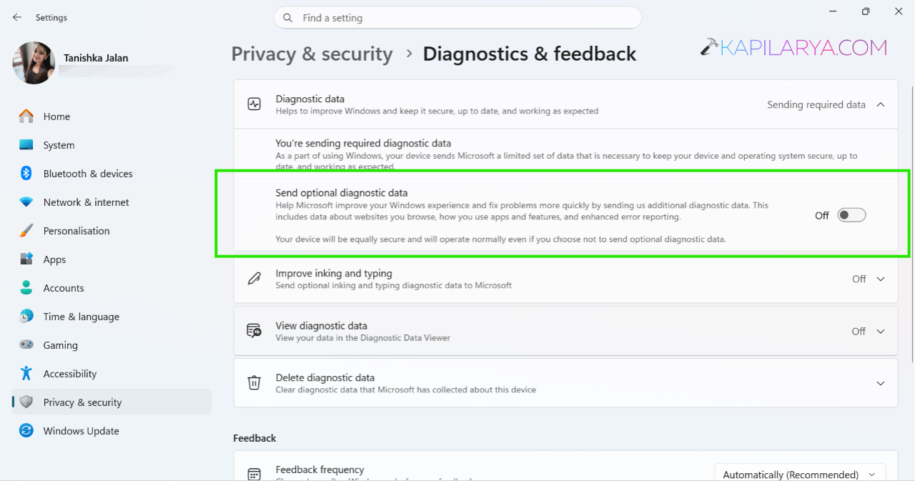 Turn off Send optional diagnostic data