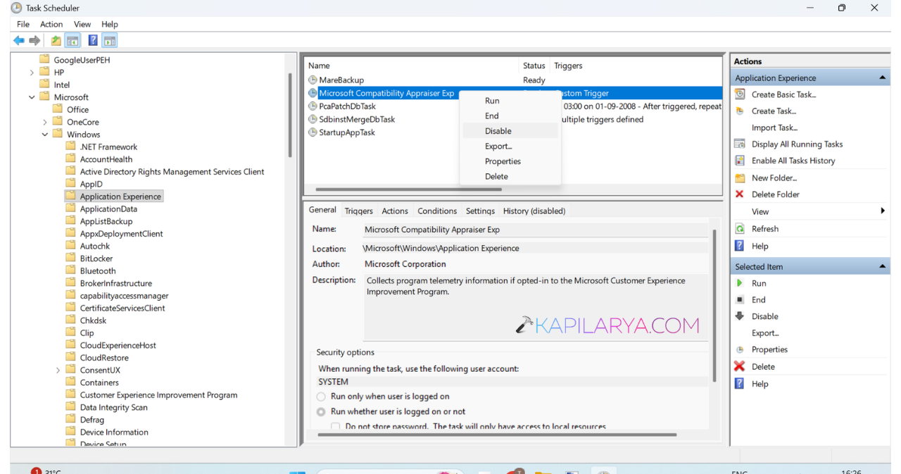 Right-click Microsoft Compatibility Appraiser. Select Disable