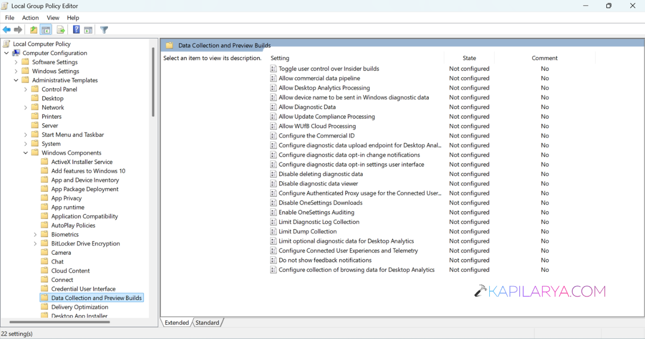 Go to Computer Configuration > Administrative Templates > Windows Components > Data Collection and Preview Builds