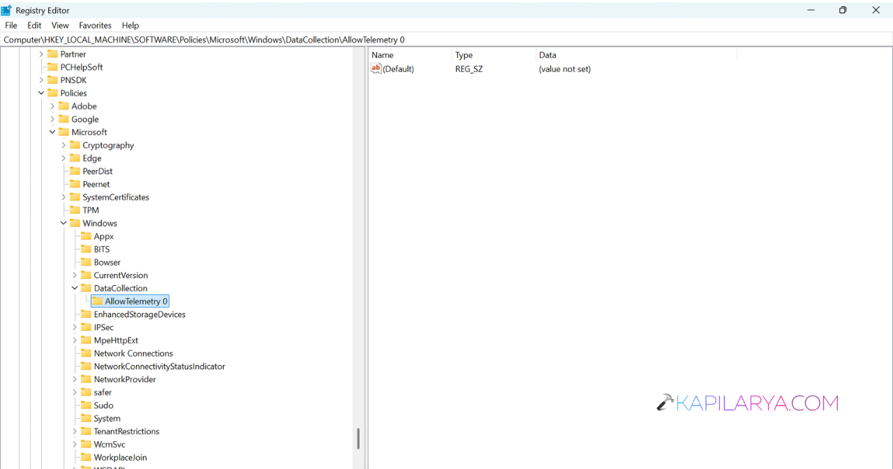Create a new DWORD (32-bit) Value named AllowTelemetry