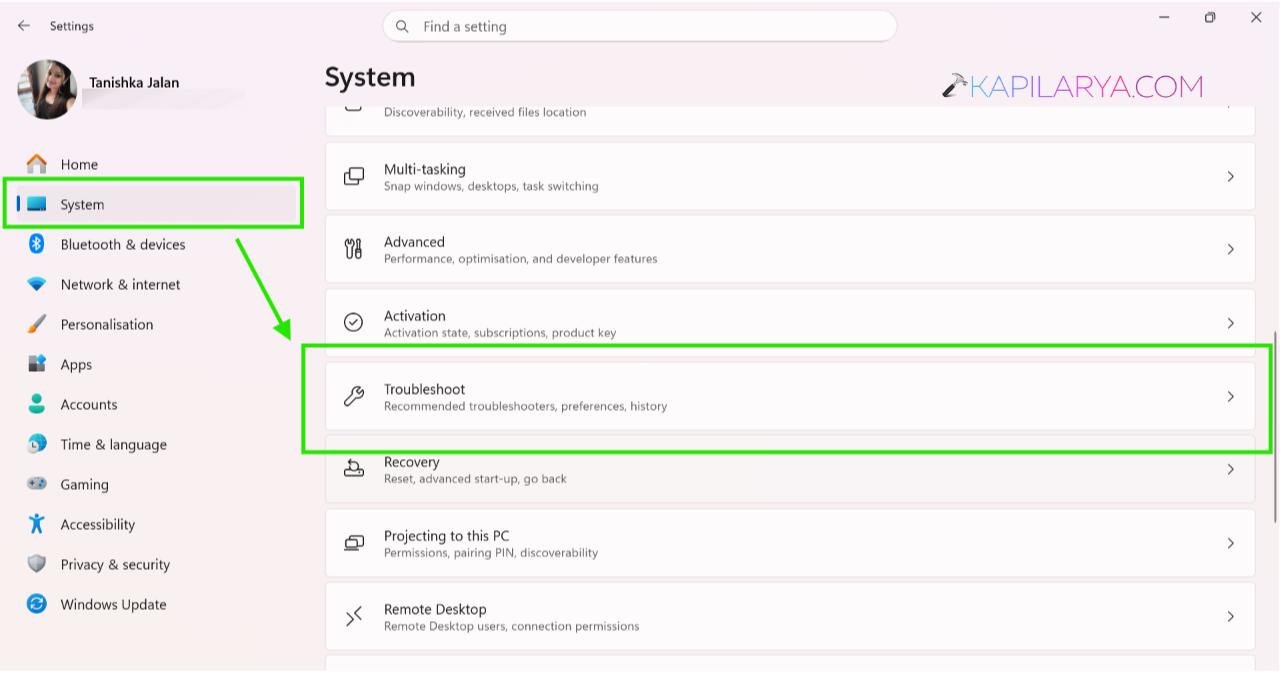 System > Troubleshoot > Other troubleshooters
