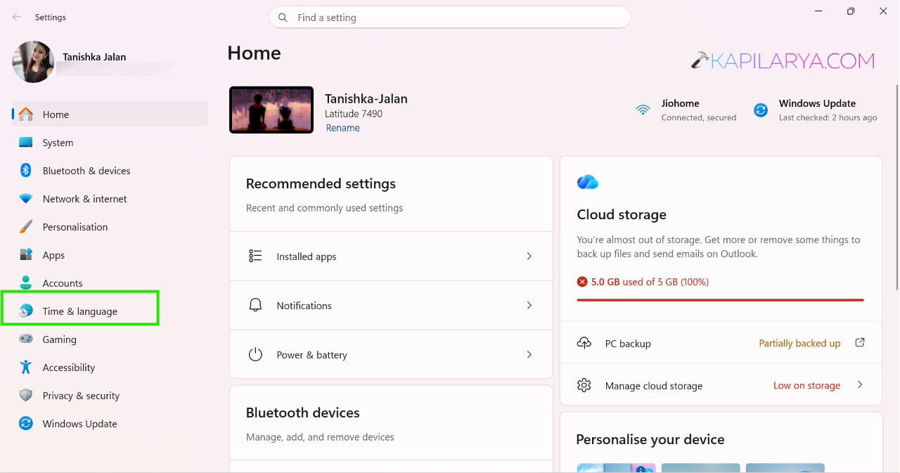 Settings > Time & Language
