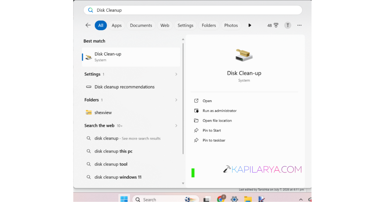 Disk Cleanup from the Start menu