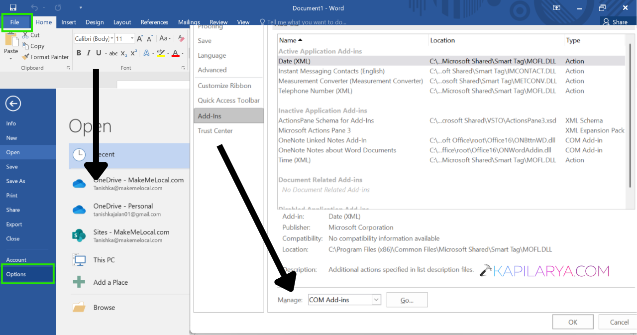 File > Options > Add-ins