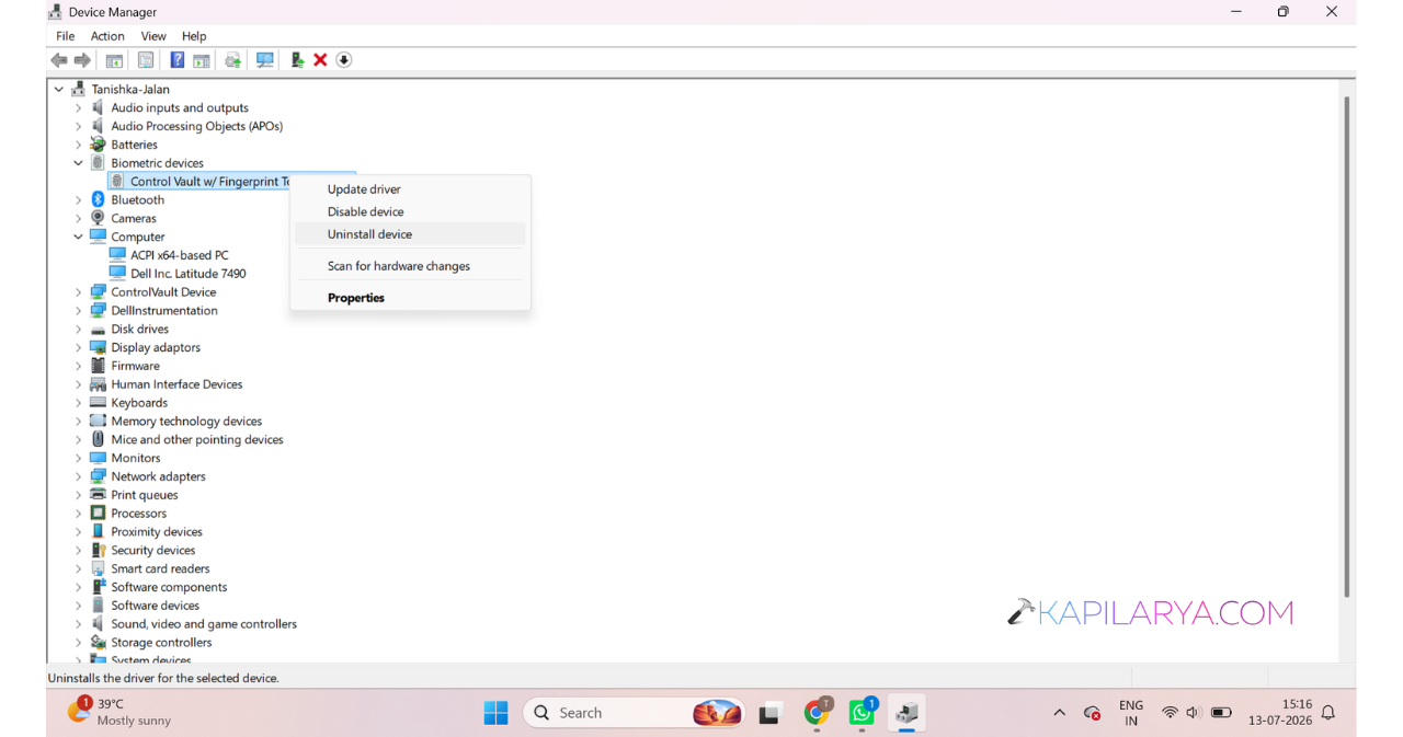 Right-click the affected device and select Uninstall device