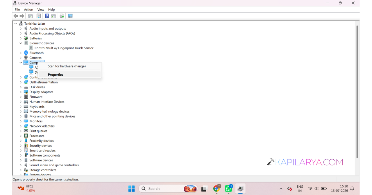 Right-click the device and select Properties