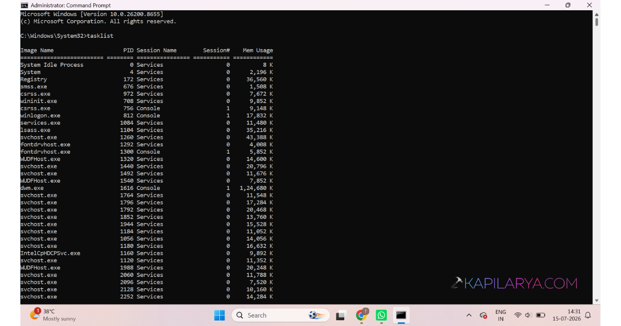 Run: tasklist and find the process PID.