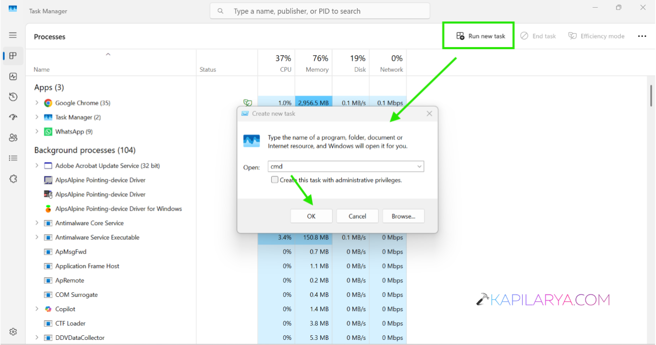 Click File > Run New Task and Type cmd.