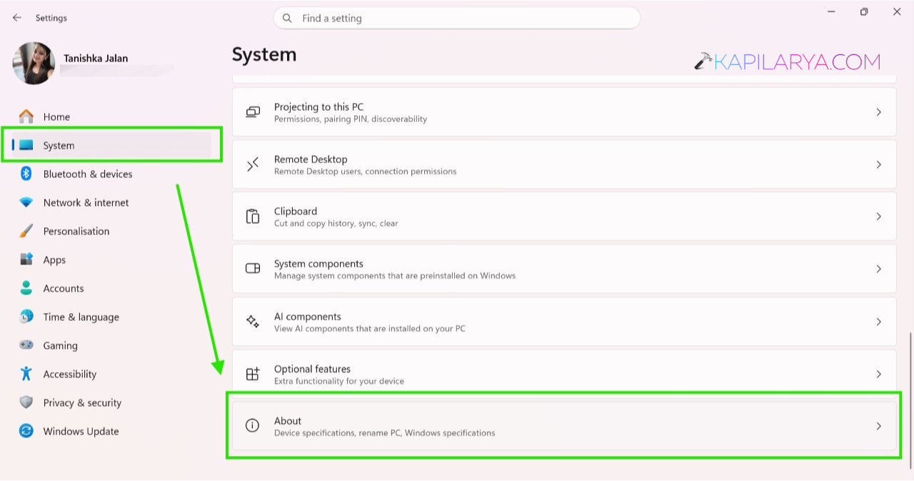 Go to System > About