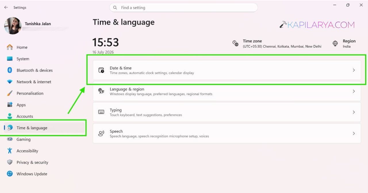 Go to Time & Language > Date & Time