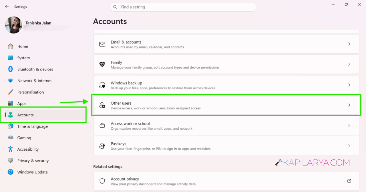 Open Settings > Accounts > Other users