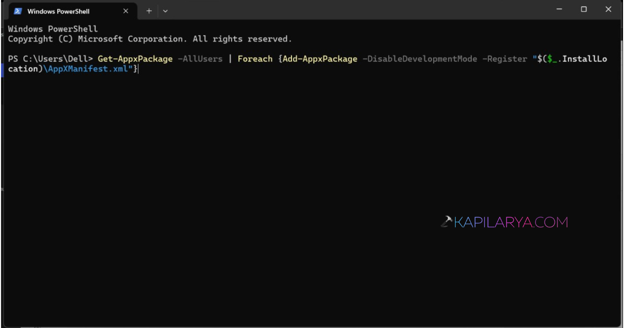 Get-AppxPackage -AllUsers | Foreach {Add-AppxPackage -DisableDevelopmentMode -Register "$($_.InstallLocation)\AppXManifest.xml"}