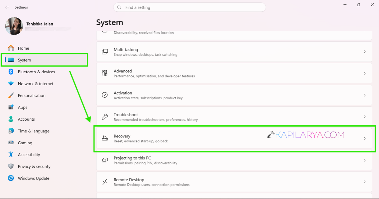 Open Settings > System > Recovery