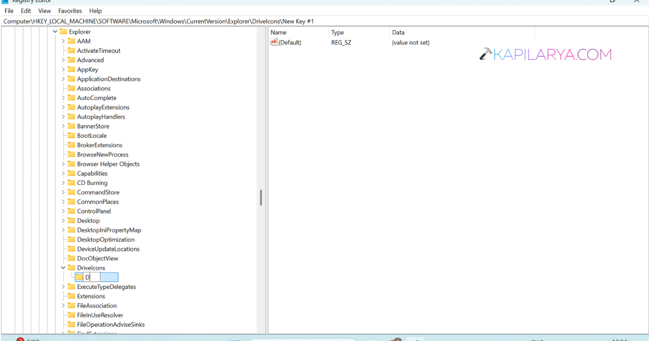 Right-click and create a new key with the drive letter (for example, D) to Change Drive Icon