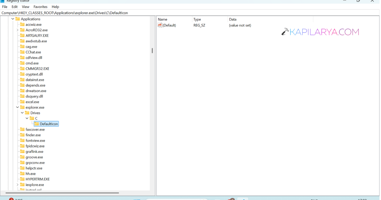 Inside it, create a DefaultIcon key