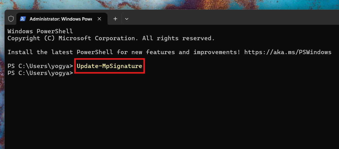Update Using PowerShell Command: Update Windows Defender in Windows 11