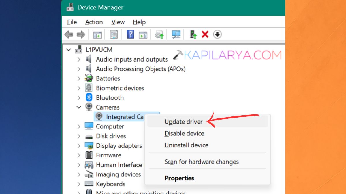 Update camera driver from Device Manager
