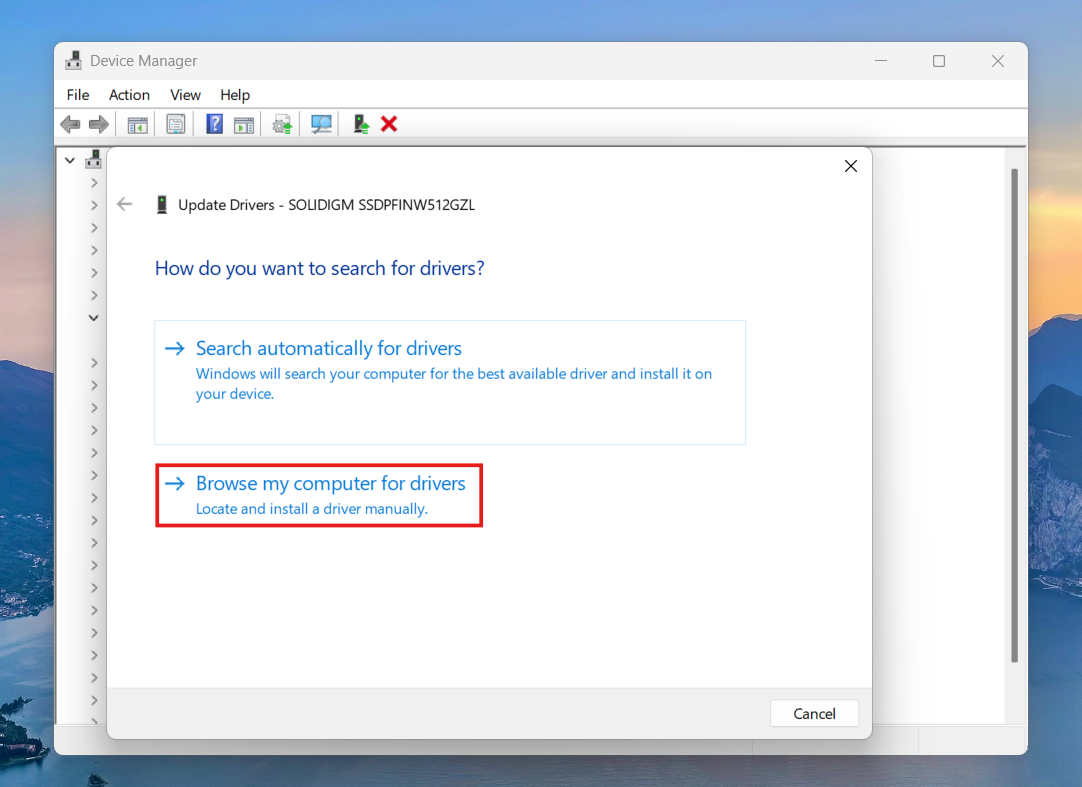 Update driver in device manager: Fix Unable to Install Drivers on Windows 11