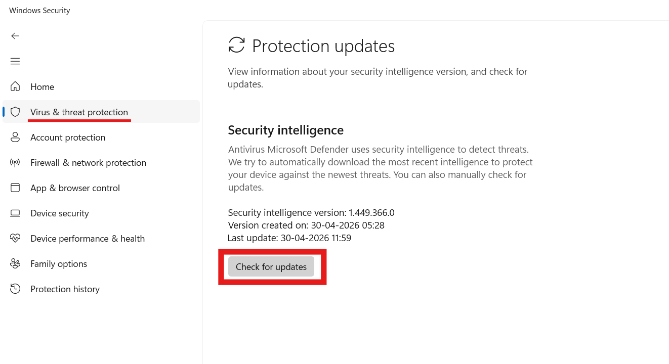 Update via Windows Security App: Update Windows Defender in Windows 11