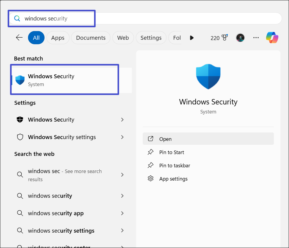 Search and select Windows Security