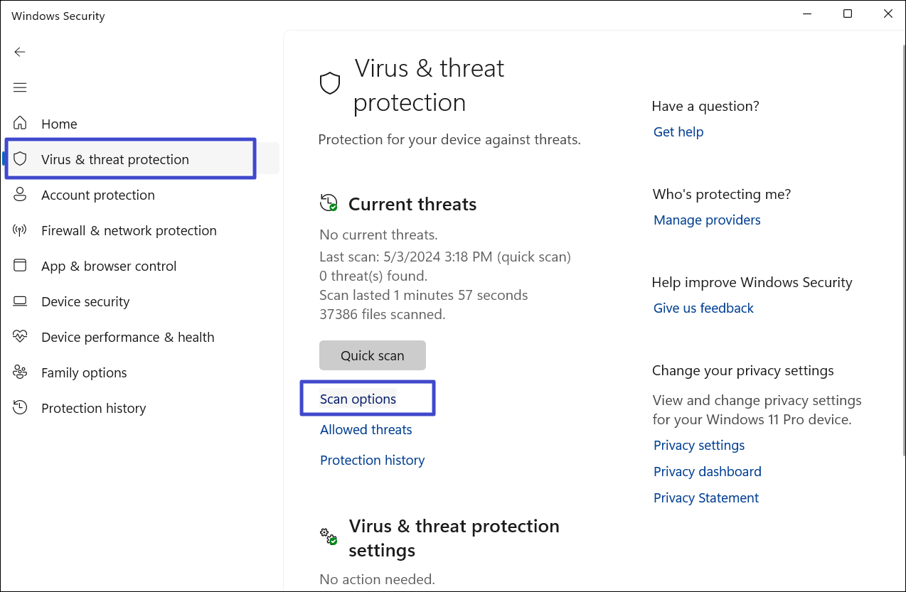 Virus & threat > Scan options