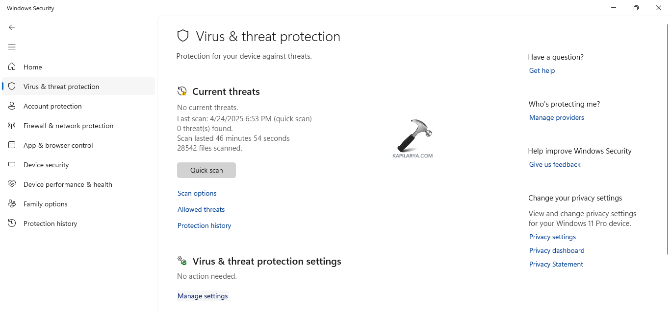 Opening settings of Virus & Threat Protection for fixing Volume Shadow Copy service not working