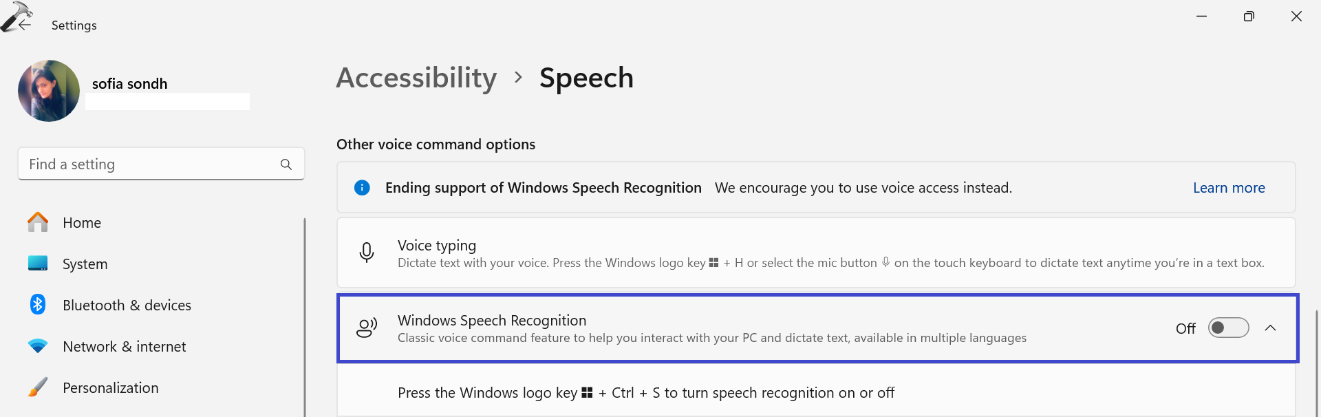 Disable Windows Speech Recognition option