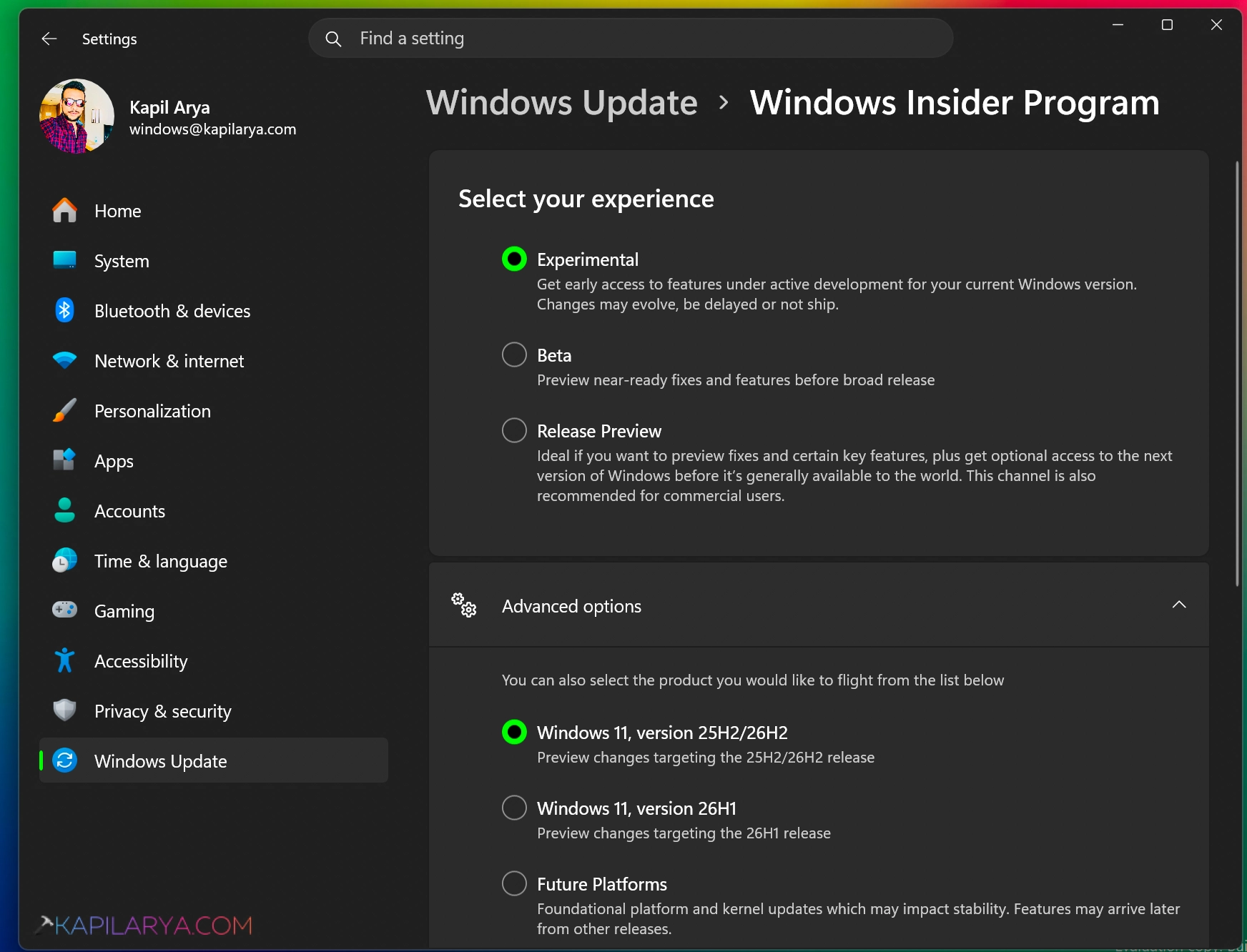 Select your Windows Insider channel