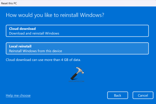 Selecting a option for reinstalling