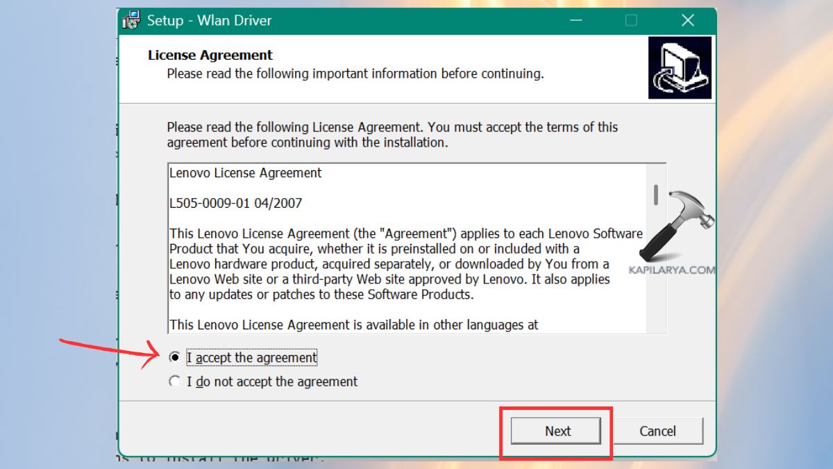 accept the terms for setup wlan driver