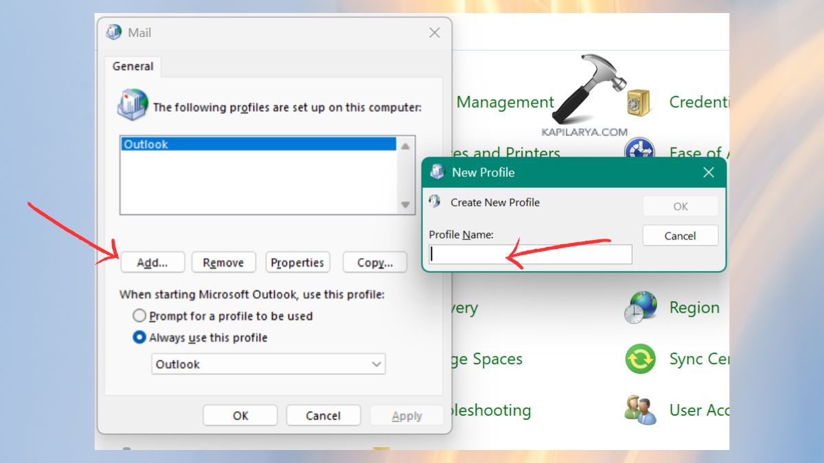 add new outlook profile